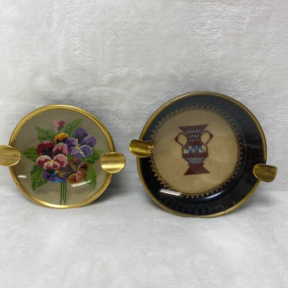 Lot of 2 Vintage Brass Ashtray Micro Embroidered Decorative Trinket Dish